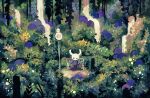  1other bench cloak commentary db43k english_commentary flower full_body highres hollow_knight knight_(hollow_knight) leaf nature outdoors park_bench purple_cloak purple_flower scenery sitting sitting_on_bench solid_circle_eyes solo yellow_flower 