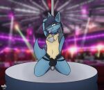  anthro bar blue_body blue_fur blue_hair canid canine clothing collar dancing fur generation_4_pokemon hair hands_behind_back hands_behind_head hi_res jockstrap kneeling looking_at_viewer lucario male mammal nintendo orange_tail pokemon pokemon_(species) pole pole_dancing rhode_(rhode_arts) rhode_arts solo tail tongue tongue_out underwear ych yellow_body yellow_eyes yellow_fur 
