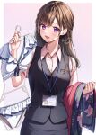  1girl :d amagi_shino artist_name blush brown_hair clothes commentary_request eyelashes happy highres long_hair looking_at_viewer office_lady open_mouth original purple_eyes receptionist_girl_(amagi_shino) shirt signature smile solo standing twitter_username 