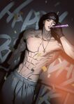  1boy abs artist_name black_gloves black_headband calvin_klein confetti copyright_name cowboy_shot cross cross_necklace dutch_angle gloves graffiti grey_pants happy_birthday headband highres jewelry jinx_(manhwa) joo_jaekyung looking_at_viewer male_focus mingwa muscular muscular_male necklace nipples pants party_horn pectorals solo tattoo track_pants 