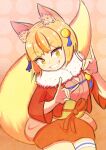  1girl absurdres animal_ear_fluff animal_ears blonde_hair eyelashes fingernails fire_emblem fire_emblem_fates fox_ears fox_girl fox_shadow_puppet fox_tail fur_trim grin hair_ornament highres invisible_chair japanese_clothes kimono kitsune looking_at_viewer multicolored_hair orange_background orange_kimono polka_dot polka_dot_background selkie_(fire_emblem) short_hair sitting smile solo streaked_hair sue-harapeko tail thigh_strap yellow_eyes 