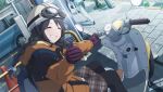  1girl ^_^ backpack bag black_hair blush boots braid brown_footwear brown_skirt closed_eyes commentary day dutch_angle game_cg gloves goggles goggles_on_headwear grin hair_tie helmet hood hooded_jacket idolmaster idolmaster_shiny_colors jacket long_hair mitsumine_yuika motor_vehicle official_art on_vehicle orange_jacket outdoors pantyhose plaid plaid_skirt pom_pom_(clothes) purple_gloves rain scooter sidewalk sitting skirt smile solo_focus thumbs_up traffic_cone twin_braids vespa 