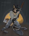  absurd_res ambiguous_gender anthro armor canid canine hi_res karidas_(rexroyale) male male/male mammal maned_wolf melee_weapon pinup pocketphox pose solo sword weapon 