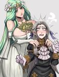  !? 2girls absurdres breasts cleavage commission cosita_art dress edelgard_von_hresvelg fire_emblem fire_emblem:_three_houses garreg_mach_monastery_uniform gloves green_eyes green_hair grey_hair hair_ornament highres large_breasts long_hair multiple_girls open_mouth purple_eyes rhea_(fire_emblem) surprised teeth white_dress white_gloves 