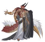  1boy abs absurdres armlet black_cape black_horns black_sclera broken_horn cape claws colored_sclera colored_skin dark-skinned_male dark_skin dragon_boy dragon_horns dragon_tail ear_piercing extra_arms full_body highres horns jewelry leviair long_hair looking_at_viewer male_focus monster_boy multicolored_eyes multicolored_skin muscular muscular_male no_shirt original pelvic_curtain piercing pointy_ears red_eyes red_hair red_scales red_skin scales scar scar_on_face scar_on_mouth sidelocks smile solo standing tail vambraces white_background yellow_eyes 