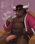  2021 anthro balls bathrobe bathrobe_only belly beverage big_belly blue_eyes body_hair bovid bovine cattle chair chest_hair cigar clothing ear_piercing erection facial_hair facial_piercing foreskin furniture genitals happy_trail hi_res holding_beverage holding_cigar holding_object horn looking_at_viewer male mammal manly mature_male musclegut muscular_legs mustache navel nipple_piercing nipples nose_piercing nose_ring on_chair open_bathrobe pecs penis piercing pubes ring_piercing robe rov sitting slightly_chubby smile smoking smoking_cigar solo 