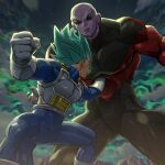  2boys bald black_eyes blue_hair clenched_hand colored_skin dragon_ball dragon_ball_super fighting gloves jiren male_focus multiple_boys muscular muscular_male open_mouth pectorals pink_skin punching saiyan_armor spandex spiked_hair super_saiyan super_saiyan_blue supobi vegeta white_gloves 