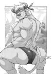  abs accessory anthro back_muscles bovid bovine broly_culo butt cattle clothing crouching headband hi_res horn lifewonders linorange0212 looking_at_viewer looking_back male mammal meme muscular muscular_anthro muscular_male nipples pecs shennong shirtless solo speedo swimwear tokyo_afterschool_summoners 