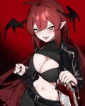  1girl absurdres belt black_belt black_bra black_jacket black_nails black_pants black_shirt blood blood_bag bra breasts cleavage cropped_jacket fangs head_wings highres jacket large_breasts long_hair navel open_clothes open_jacket open_mouth original pants red_background red_hair shirt shrug_(clothing) slit_pupils stomach svet_yomi teeth underwear vampire very_long_hair wings yellow_eyes zipper zipper_pull_tab 