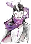  1boy absurdres black_hair collarbone cropped_torso danganronpa_(series) danganronpa_2:_goodbye_despair earrings fangs grey_eyes heterochromia highres jacket jewelry long_sleeves looking_at_viewer male_focus multicolored_hair open_clothes open_jacket open_mouth pale_skin pink_scarf pink_shirt red_eyes scar scar_across_eye scarf shirt short_hair solo suzumetarou tanaka_gundham teeth two-tone_hair undercut upper_body white_background white_hair white_shirt 