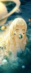 1girl afloat ball blonde_hair dress earrings earth_(planet) highres holding holding_ball jewelry lake lium long_hair looking_at_viewer night ocean orb original partially_submerged planet pool reflection ripples shallow_water solo space wading water wet white_dress yellow_eyes 
