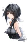  1girl arknights bare_shoulders black_eyes black_hair black_shirt breasts commentary_request feather_hair highres horn/wood la_pluma_(arknights) looking_at_viewer medium_hair notice_lines off_shoulder shirt short_hair simple_background sleeveless sleeveless_shirt small_breasts solo upper_body white_background 