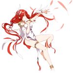  1girl anklet bare_legs barefoot bracelet feathers fu_hua full_body hair_ornament honkai_(series) honkai_impact_3rd jewelry jingwei_(honkai_impact) long_hair official_art pelvic_curtain red_eyes red_hair thigh_strap third-party_source 