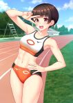  1girl abs blue_sky bob_cut buruma clothes_writing cloud cowboy_shot day gradient_clothes hand_on_own_hip highres kuri_(kurigohan) logo midriff mizuno_(brand) multicolored_clothes open_mouth orange_buruma original outdoors running_track short_hair sky smile solo sports_bikini sports_bra stairs teeth track_and_field track_uniform upper_teeth_only v 