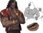  2boys animal_print baptiste_(overwatch) beard bird_print brk_603 cropped_legs dark-skinned_male dark_skin doodle_inset dreadlocks eye_focus facial_hair frown grin huge_pectorals long_hair looking_at_viewer male_focus mature_male mauga_(overwatch) multiple_boys muscular muscular_male nipples open_clothes open_shirt overwatch overwatch_1 seductive_smile size_difference smile sticker teasing thick_eyebrows 