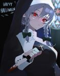  1girl absurdres black_dress blood blood_on_knife blue_hair bow church dress english_text green_bow hair_bow happy_halloween highres holding holding_knife hood hood_up izayoi_sakuya kani_nyan knife looking_at_viewer nun red_eyes solo stained_glass touhou twintails 