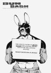  2023 abs absurd_res anthro black_and_white collar comic dark_hair digital_media_(artwork) english_text gynomorph hare hi_res holding_object intersex lagomorph leporid looking_at_viewer mammal monochrome one_eye_obstructed peculiart rabbit ruth_(peculiart) simple_background solo text white_background 
