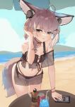  1girl absurdres adjusting_hair ahoge animal_ear_fluff animal_ears arknights beach bikini extra_ears fox_ears fox_girl fox_tail hair_ornament hairclip headphones_for_animal_ears headphones_on_animal_ears highres leaning_forward off-shoulder_bikini off_shoulder official_alternate_costume oripathy_lesion_(arknights) pink_hair see-through short_twintails sussurro_(arknights) sussurro_(summer_flower)_(arknights) suzubotan swimsuit tail twintails 