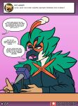  anthro clothing deadpan decidueye dialogue feather_hands feathers female furniture generation_7_pokemon hood microphone nintendo offscreen_character olive_the_decidueye pokemon pokemon_(species) press_conference sketchybug solo speech_bubble sweater table talking_to_another topwear 