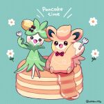  bow bowtie dolliv floral_background food fork full_body hair_bow hand_up heart holding holding_fork mochopaccho open_mouth pancake pancake_stack pawmo pokemon pokemon_(creature) polka_dot polka_dot_background smile syrup twitter_username 