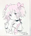  1girl arm_at_side breasts buttons center_frills choker closed_mouth collarbone colored_pencil_(medium) cropped_torso dated dot_nose frilled_sleeves frills gloves hair_ribbon hand_up head_tilt highres holding holding_hair kaname_madoka light_blush looking_at_viewer mahou_shoujo_madoka_magica mahou_shoujo_madoka_magica_(anime) marker_(medium) monochrome no+bi= photo_(medium) pink_eyes pink_hair pink_ribbon pink_theme puffy_short_sleeves puffy_sleeves ribbon ribbon_choker short_sleeves short_twintails sidelocks signature simple_background small_breasts smile solo soul_gem spot_color tareme traditional_media twintails white_background 