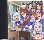  6+girls absurdres animal_ears blue_hair brown_hair controller couch eating food highres holding holding_food horse_ears horse_girl long_hair mejiro_ardan_(umamusume) mejiro_bright_(umamusume) mejiro_dober_(umamusume) mejiro_family_(umamusume) mejiro_mcqueen_(umamusume) mejiro_palmer_(umamusume) mejiro_ramonu_(umamusume) mejiro_ryan_(umamusume) multicolored_hair multiple_girls nishiki_kazue popcorn purple_eyes purple_hair school_uniform sitting streaked_hair surprised swept_bangs tracen_school_uniform two-tone_hair umamusume watching_television 