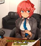  1girl 1other absurdres bad_arm black_jacket blue_eyes blush bow camera casting_couch closed_mouth collared_shirt couch doki_doki_literature_club english_text hair_between_eyes hair_bow highres indoors jacket khyle. meme open_clothes open_jacket paper pink_hair red_bow sayori_(doki_doki_literature_club) shirt short_hair sideways_glance smile table white_shirt 