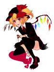  1girl alternate_costume between_legs black_footwear black_headwear black_shirt black_skirt black_thighhighs blonde_hair broken_heart collared_shirt fang flandre_scarlet full_body hand_between_legs hat holding leaning_forward long_sleeves medium_hair mob_cap multicolored_wings neck_ribbon one_side_up open_mouth paizuri rainbow_order red_eyes red_ribbon ribbon shirt simple_background skirt solo thighhighs touhou tsuneaki_(dosnan) white_background wings zettai_ryouiki 
