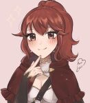  1girl anna_(fire_emblem) blush breasts brown_eyes cape cleavage commentary finger_to_own_chin fire_emblem hand_up highres index_finger_raised looking_at_viewer pink_background ponytail purrlucii red_cape red_hair short_hair simple_background smile solo upper_body 