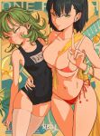  &gt;:) 2girls absurdres artist_name asymmetrical_docking bare_arms bare_shoulders bikini black_hair blue_background blush breast_press breasts cameltoe character_name cleavage closed_mouth collarbone commentary cowboy_shot curly_hair curvy earrings embarrassed eyelashes food frown fruit fubuki_(one-punch_man) gold_bracelet green_eyes green_hair groin hair_between_eyes hair_over_shoulder hand_up highres hug jewelry large_breasts lemon lips looking_at_viewer looking_away medium_hair multiple_girls neo_j nose one-punch_man red_bikini school_swimsuit seductive_smile short_hair siblings side-tie_bikini_bottom sisters skindentation small_breasts smile standing straight_hair stud_earrings swimsuit tatsumaki thigh_gap thighhighs thighs two-tone_background v v-shaped_eyebrows white_thighhighs yellow_background 