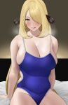  1girl alternate_costume bed_sheet blonde_hair blue_one-piece_swimsuit blush breasts breath commission covered_navel cynthia_(pokemon) grey_eyes hair_ornament hair_over_one_eye highres indoors large_breasts long_hair looking_at_viewer on_bed one-piece_swimsuit parted_lips pixiv_commission pokemon pokemon_(game) pokemon_dppt revision rinrin_(user_tvcf4347) school_swimsuit sitting skindentation smile solo sweat swimsuit thighs tongue tongue_out undersized_clothes waist_cutout 