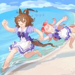  2girls agnes_digital_(umamusume) agnes_tachyon_(umamusume) ahoge animal_ears barefoot beach brown_hair commentary_request dated day empty_eyes fisheye hair_between_eyes highres holding_hands horizon horse_ears horse_girl horse_tail huge_ahoge inada_roku long_hair multiple_girls o_o ocean open_mouth outdoors pink_hair pulling red_eyes running sailor_collar sand school_uniform shirt short_sleeves skirt smile tail tracen_school_uniform umamusume water 