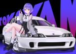  1girl absurdres belt black_belt black_footwear black_skirt blush car cardigan cellphone character_name collared_shirt frilled_shirt frills green_eyes grey_cardigan highres holding holding_phone hololive honda honda_integra looking_at_viewer masada_masashi motor_vehicle on_vehicle phone platform_footwear pleated_skirt purple_hair shirt short_hair sitting skirt sleeves_past_wrists smartphone smile solo thigh_strap tokoyami_towa tokoyami_towa_(3rd_costume) vehicle_focus virtual_youtuber white_shirt 