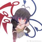  1girl asymmetrical_wings bangs black_dress black_hair chair dress from_above hair_between_eyes houjuu_nue looking_at_viewer perspective red_eyes red_footwear shiroi_karasu shoes short_dress sitting sitting_backwards smile solo spread_legs thighhighs touhou wings 