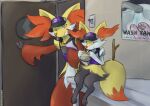  absurd_res ambiguous_gender anthro biped braixen burger clothing delphox detailed_background duo eating eating_food eyes_closed food fries fur generation_6_pokemon hat headgear headwear hi_res nintendo one_eye_closed orange_body orange_eyes orange_fur pokemon pokemon_(species) poster sealer4258 sitting white_body white_fur yellow_body yellow_fur 