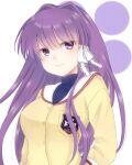  &gt;:) 1girl bow breasts clannad closed_mouth commentary_request eyelashes eyes_visible_through_hair fujibayashi_kyou hair_between_eyes hair_bow hair_intakes hair_ribbon highres jacket light_blush lips long_hair long_sleeves looking_at_viewer medium_breasts purple_eyes purple_hair ribbon sailor_collar school_uniform sidelocks simple_background smile solo straight_hair upper_body v-shaped_eyebrows very_long_hair white_background white_bow white_ribbon white_sailor_collar xx_lz82 yellow_jacket 