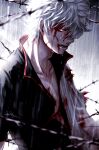  1boy adam&#039;s_apple aya_shiro423 barbed_wire bleeding blood blood_on_clothes blood_on_face gintama highres japanese_clothes male_focus outdoors rain red_eyes sakata_gintoki serious upper_body white_hair 