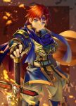  1boy armor blue_eyes blue_headband cape circlet durandal_(fire_emblem) fire fire_emblem fire_emblem:_the_binding_blade headband highres light_smile red_hair roy_(fire_emblem) short_hair solo yuki_(yuki2061) 