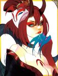  1girl blood_moon_evelynn blue_eyes border breasts cleavage collarbone demon_horns evelynn_(league_of_legends) eyeshadow hair_between_eyes highres horns jian_tai_(cuoyu0) league_of_legends looking_at_viewer makeup mask official_alternate_costume official_alternate_hairstyle orange_border parted_lips red_eyeshadow red_hair red_lips simple_background solo upper_body white_background 