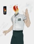  2023 belt biped bottomwear burn_(energy_drink) clothed clothing coughing digital_media_(artwork) elemental_creature elemental_humanoid english_text fire fire_creature fire_humanoid for_a_head fully_clothed grey_background hi_res humanoid kogito male name_tag not_furry pants pose shirt simple_background smoke solo text topwear 