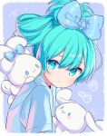  1girl alternate_costume aqua_hair blue_bow blue_eyes blue_shirt blush_stickers bow cinnamiku cinnamoroll closed_mouth commentary_request creature creature_on_shoulder ear_bow film_grain hair_bow hatsune_miku highres kiya_machi looking_at_viewer on_shoulder painttool_sai_(medium) purple_background shirt short_sleeves tied_ears updo vocaloid 