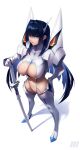 1girl absurdres blue_eyes blue_hair boots breasts closed_mouth cosplay full_body gloves hand_on_hilt hand_on_own_hip high_heel_boots high_heels highres ho2nium hololive hololive_english junketsu kill_la_kill kiryuuin_satsuki kiryuuin_satsuki_(cosplay) large_breasts long_hair long_sleeves looking_at_viewer navel ouro_kronii simple_background solo standing stomach thigh_boots v-shaped_eyebrows very_long_hair white_background white_gloves 