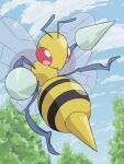  absurdres animal_focus antennae beedrill bright_pupils cloud commentary_request day highres looking_down no_humans outdoors pink_eyes pokemon pokemon_(creature) polyushitako sky white_pupils 