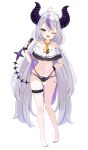  1girl absurdres ahoge ascot bare_shoulders bracelet cellphone collarbone demon_girl demon_horns demon_tail grey_hair highleg highres hololive horns ichipon1515 jewelry la+_darknesss long_hair low_twintails multicolored_hair navel one_eye_closed open_mouth phone purple_hair smartphone solo streaked_hair striped striped_horns swimsuit tail thigh_strap twintails very_long_hair virtual_youtuber white_background yellow_eyes 