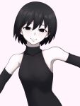  1girl armpits balli bare_shoulders black_eyes black_hair bob_cut breasts closed_mouth collarbone commentary elbow_gloves empty_eyes gloves hair_between_eyes highres looking_at_viewer monogatari_(series) oshino_ougi outstretched_arms pale_skin pink_background shirt short_hair simple_background sleeveless sleeveless_shirt small_breasts smile solo turtleneck upper_body 
