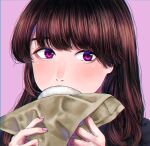  1girl absurdres baozi blush brown_hair covering_mouth food hands_up highres long_hair looking_at_viewer original pink_background portrait purple_eyes purple_nails shadow shinkoku simple_background solo 