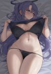  1girl absurdres black_bra black_panties blue_archive blush bra breasts closed_mouth clothes_lift dubeaduver ear_blush groin halo highres large_breasts lifted_by_self long_hair lying navel on_back panties purple_eyes purple_hair purple_shirt shirt shirt_lift solo thighs underwear very_long_hair wavy_mouth yuuka_(blue_archive) 