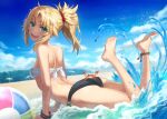  1girl :d ass bare_shoulders beach bikini bikini_bottom_only blonde_hair blue_sky blush braid breasts chest_sarashi crab day fate/apocrypha fate/grand_order fate_(series) feet feet_up french_braid green_eyes hair_ornament hair_scrunchie highres legs long_hair looking_at_viewer medium_breasts mordred_(fate) o-ring o-ring_bottom outdoors parted_bangs ponytail red_scrunchie sarashi scrunchie sidelocks sky smile solo swimsuit teeth thighs toes tonee upper_teeth_only water 