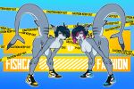  2023 anthro bent_over breasts clothing dorsal_fin duo english_text featureless_breasts female fin fish footwear footwear_only hi_res male marine mostly_nude shark sharkcatsg shoes shoes_only sneakers standing text 