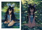  1girl :o absurdres animal_ear_fluff animal_ears bare_legs barefoot between_legs black_hair blue_shirt blush cat_ears cat_girl commentary_request day eyebrows_hidden_by_hair flat_chest grass green_eyes hair_between_eyes hand_between_legs highres kgt_(pixiv12957613) leaf lily_pad long_hair looking_at_viewer looking_up multiple_views open_mouth original outdoors plant scenery seiza shirt sitting sleeveless sleeveless_shirt sunlight thighs very_long_hair water wetland 